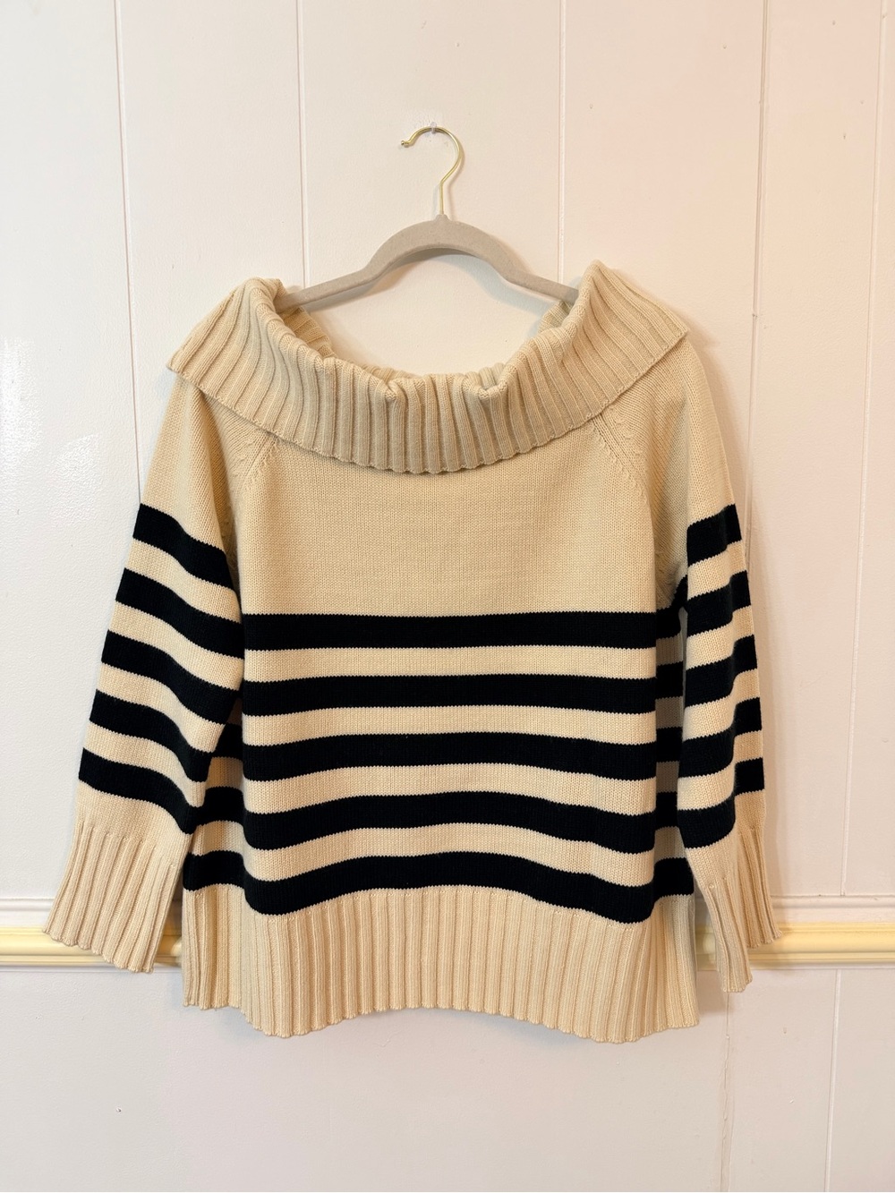 Le Lis Cream and Black Striped Off-Shoulder Ribbed Sweater